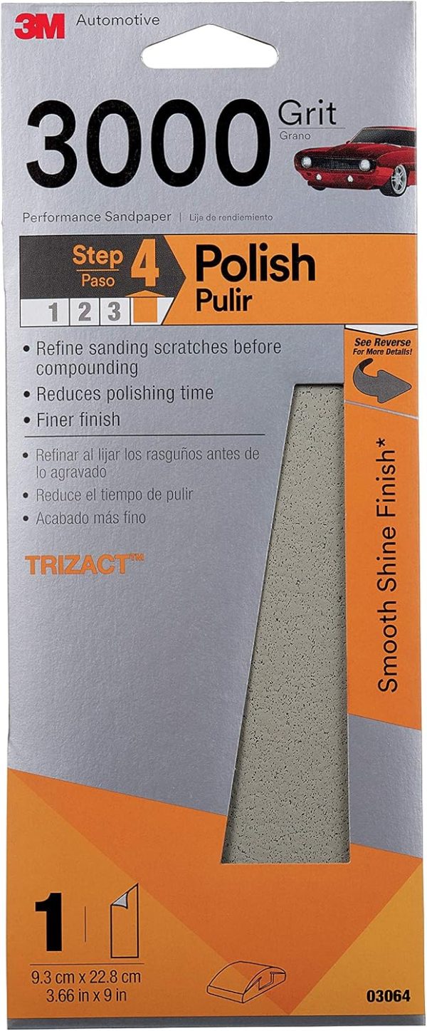 3M Performance 3000 Grit Sandpaper, 3-2/3 in x 9 in, Polish Clear Coat and Paint, Restore Shine, Ideal for Detailed Finishing and Polishing, Very Fine Grade Abrasive for Refined Finishes (03064)-9