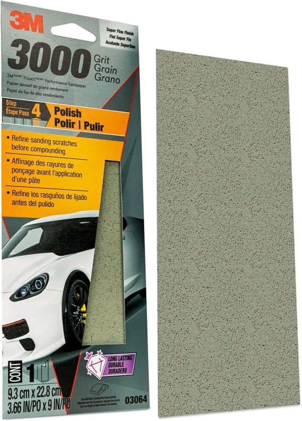 3M Performance 3000 Grit Sandpaper, 3-2/3 in x 9 in, Polish Clear Coat and Paint, Restore Shine, Ideal for Detailed Finishing and Polishing, Very Fine Grade Abrasive for Refined Finishes (03064)-2