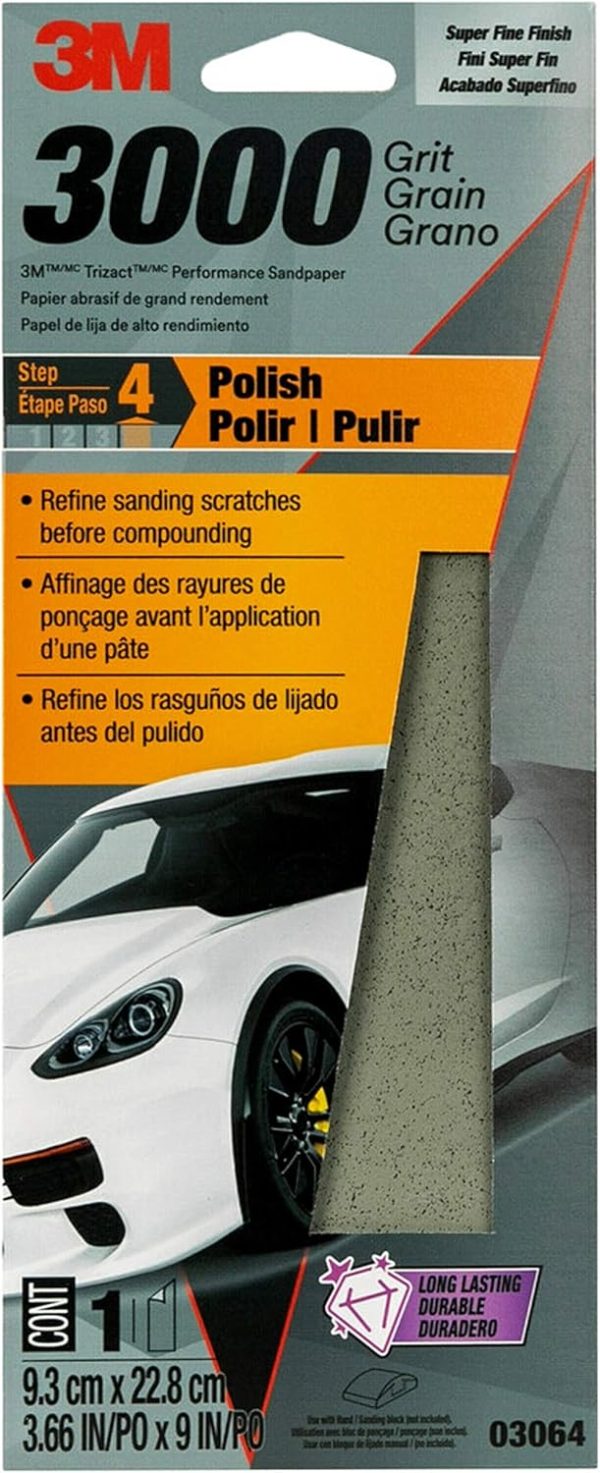 3M Performance 3000 Grit Sandpaper, 3-2/3 in x 9 in, Polish Clear Coat and Paint, Restore Shine, Ideal for Detailed Finishing and Polishing, Very Fine Grade Abrasive for Refined Finishes (03064)-0